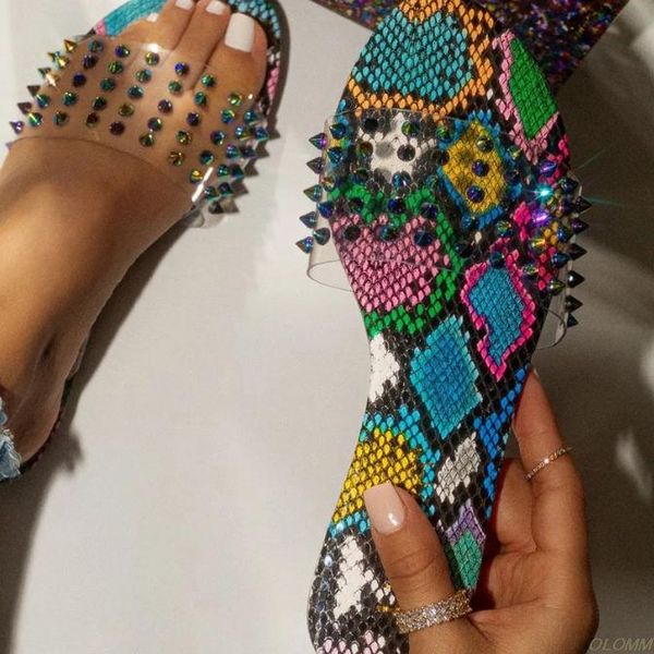 

spring summer rivet two drill pvc slippers snake print beach sandals outdoor women versatile fashion home ms, Black