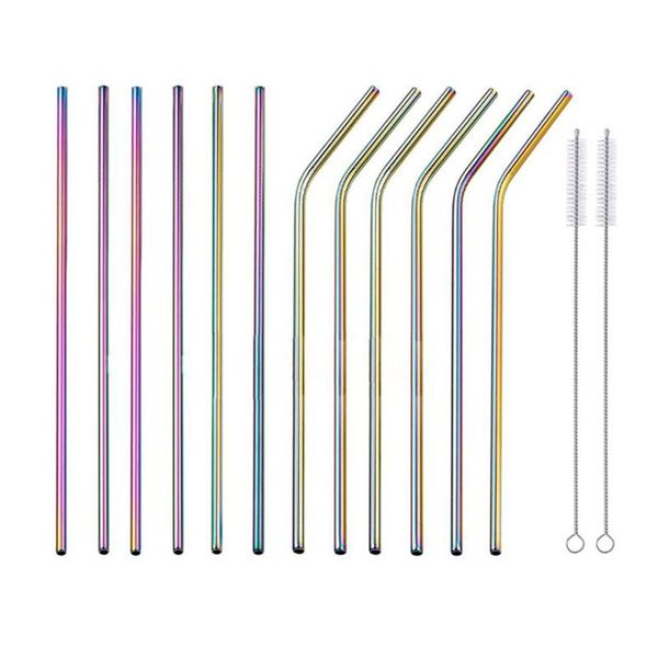 

drinking straws 12pcs 304 stainless steel straw reusable metal straight bent set with cleaner brush party bar accessory drinkware