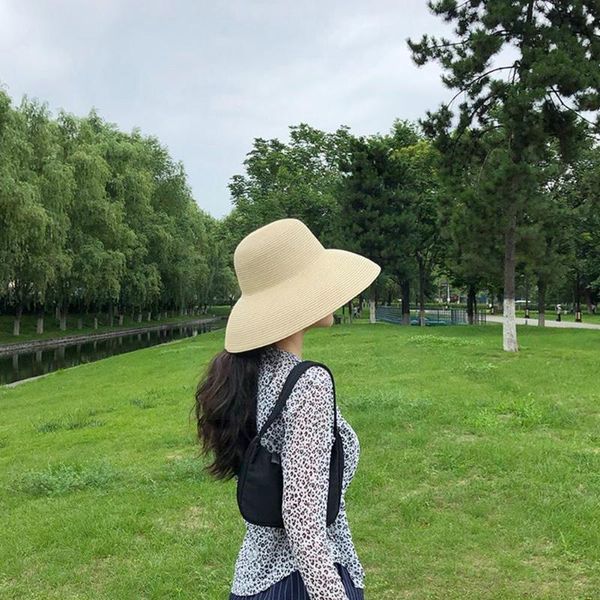 

wide brim hats summer badama women big beach sunhat japanese flat holiday sun elegant cap hepburn protection fold style hat, Blue;gray