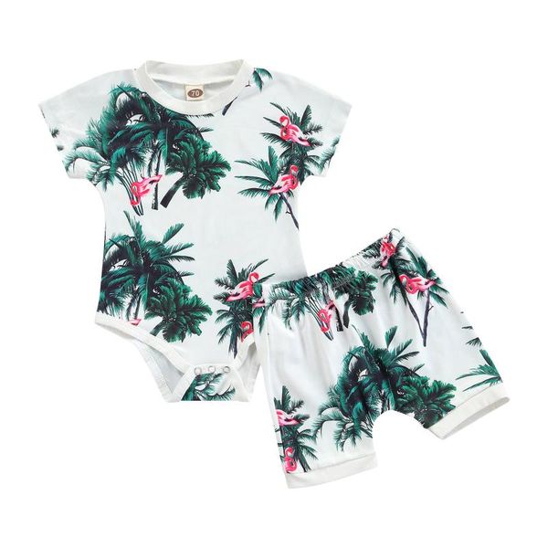 

clothing sets 2 pcs born summer outfits, baby boys plant print round neck short sleeve romper + shorts, White