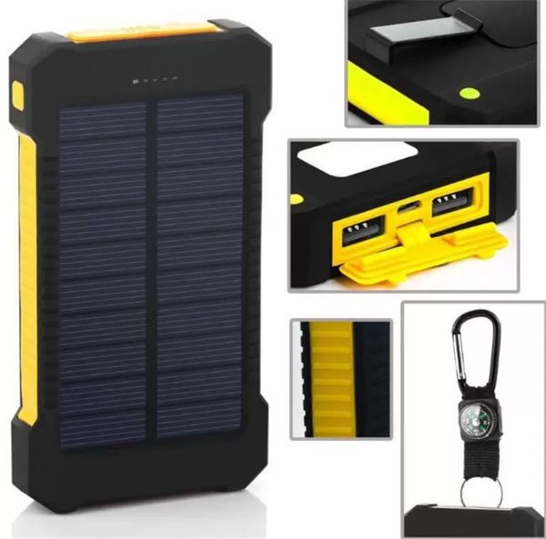 

20000mah solar power bank charger with led flashlight compass camping lamp double head battery panel waterproof outdoor charging cell phone