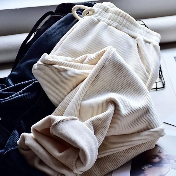 

women's pants & capris 2021 winter warm for women casual elastic waist solid corduroy sweatpants ankle length korean style trousers, Black;white