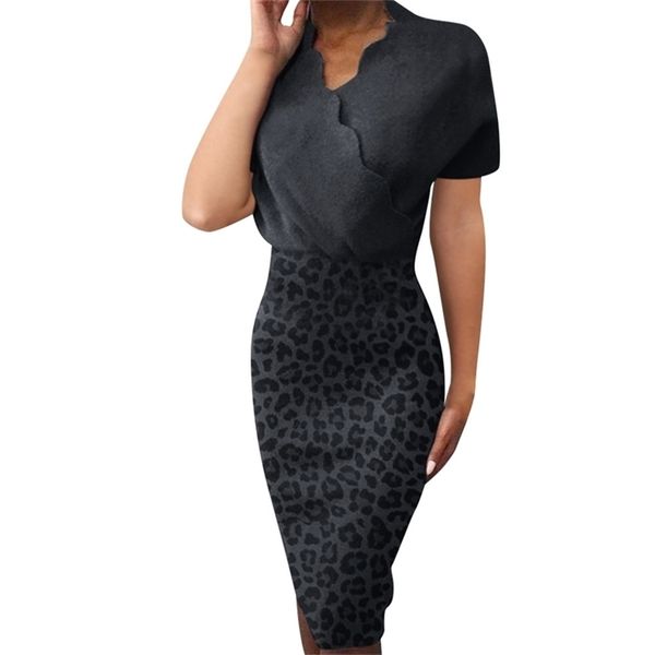 

leopard print patchwork bodycon dress for women summer v-neck short sleeve slim party es package hips woman 210522, Black;gray