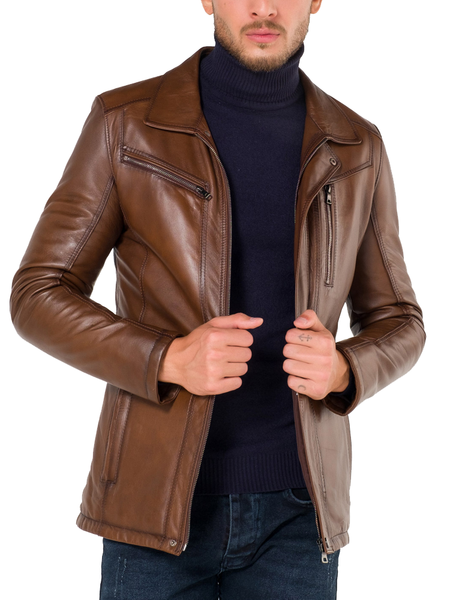 

mens double breasted collar brown zippered leather coat jacket, Black