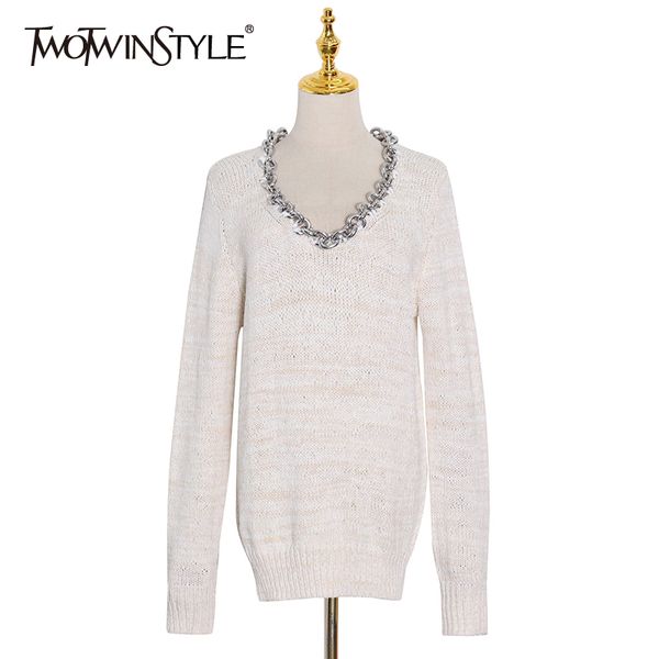 

korean patchwork chain sweater for women o neck long sleeve minimalist knitted female fashion clothing 210423, White;black