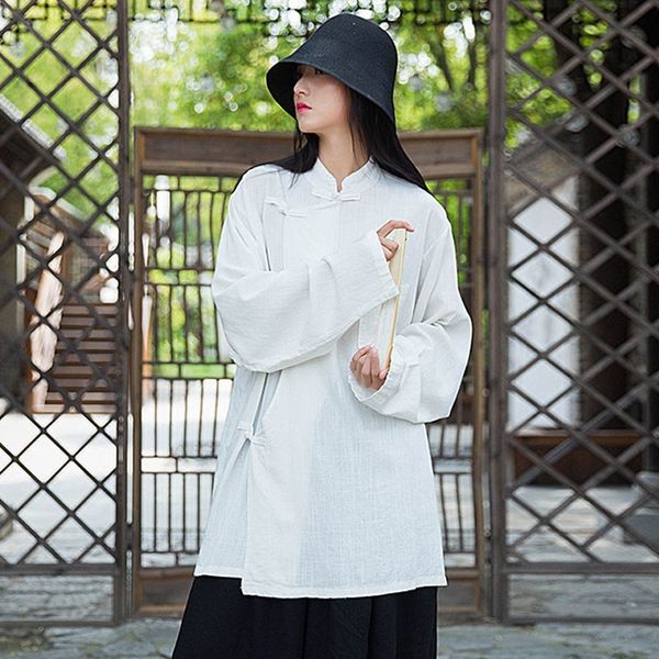 

johnature autumn leisure retro stand plate buckle long sleeve irregular shirt loose comfortable all-match women 210521, White