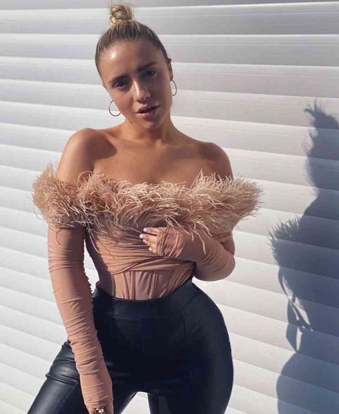 

shorts est long sleeve off shoulder feather pink women bandage 2021 celebrity designer fashion high street bodysuit, White;black