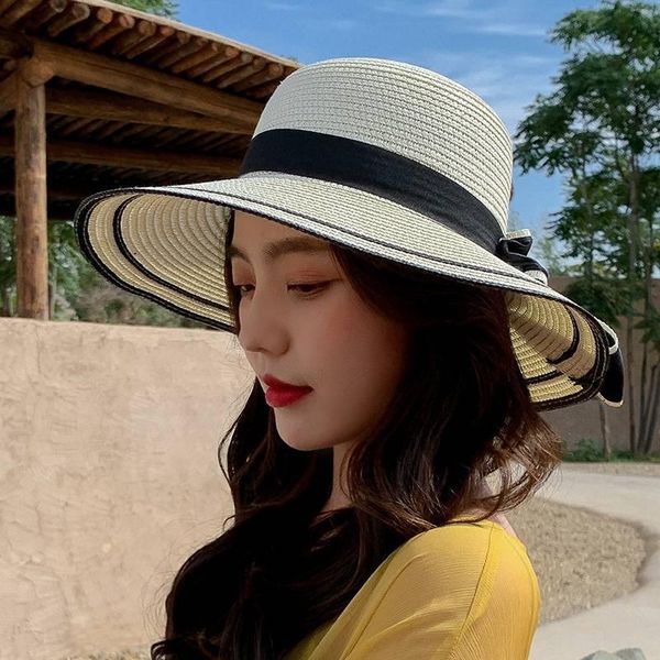 

summer korean girl straw hat women outdoor beach sunscreen foldable sun wide brim hats, Blue;gray
