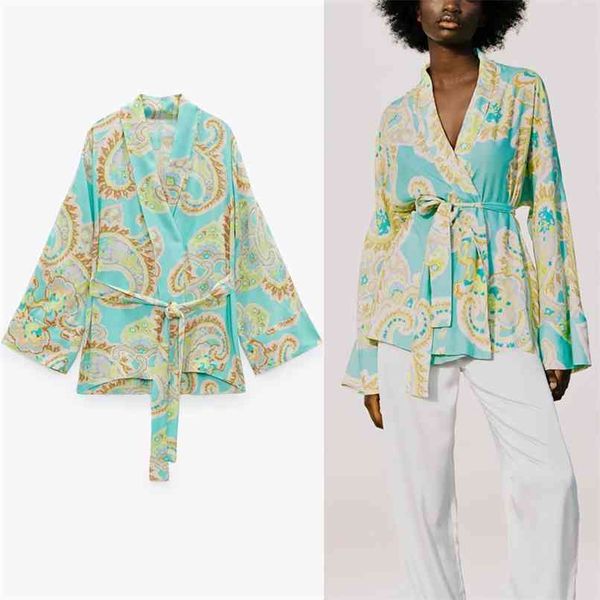 

bow print blouse women long sleeve tied belt vintage loose blouses woman chic button up wrap summer blue pleat shirt 210524, White