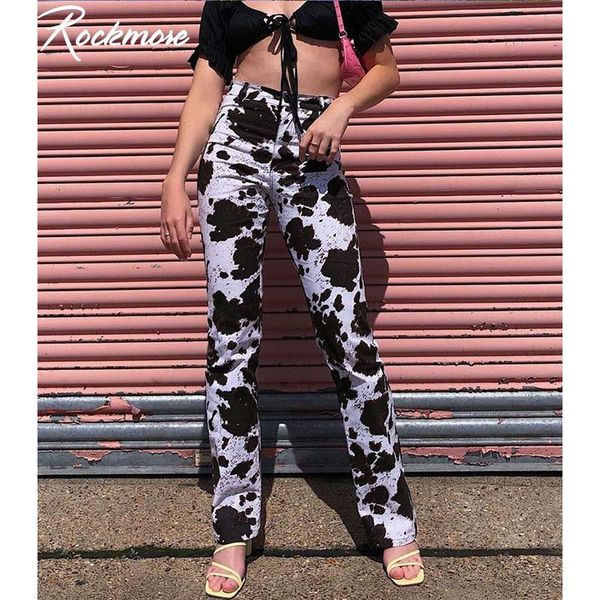 

women's pants & capris jryyt milk cow print straight for women high waisted trousers ladies casual wide leg joggers loose streetwear po, Black;white
