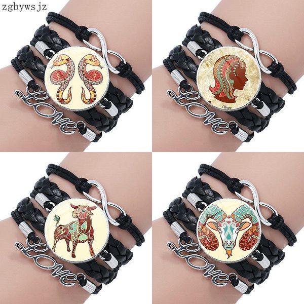 

charm bracelets vintage jewelry with plated glass cabochon multilayer black leather bracelet bangle for women gift zodiac design, Golden;silver