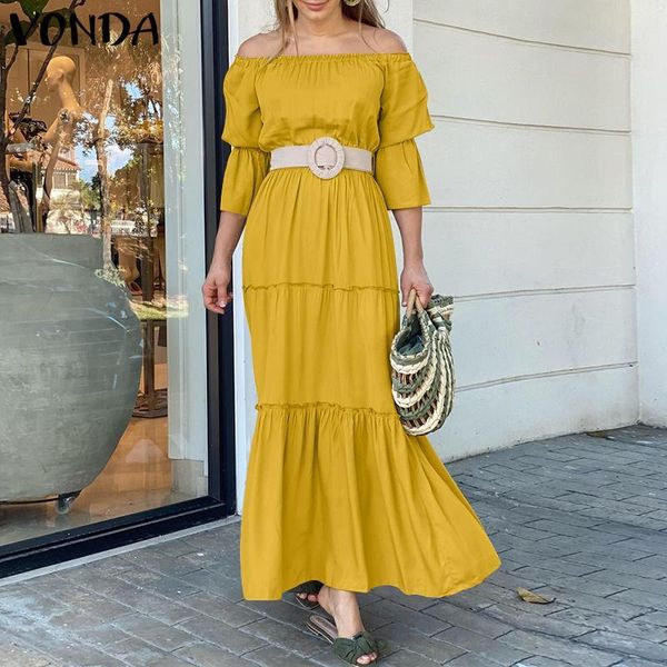 

casual dresses women bohemian dress 2021 vonda off shoulder sundress vintage 3/4 sleeve holiday party maxi long vestido robe femme, Black;gray