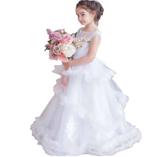 2022 Românticas Três camadas flor menina vestido criança criança cristal de cristal curto tampa manga barco decote casamento convidado vestidos meninas