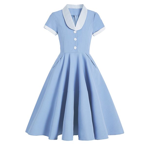 

2021 hepburn style retro palace waist waist light dress hit color collar annual meeting performance costume big swing mid-length dress, Black;gray
