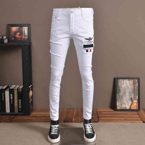 

men's jeans summer white fashion embroidery stretch denim slim fit pants 1dw4, Blue