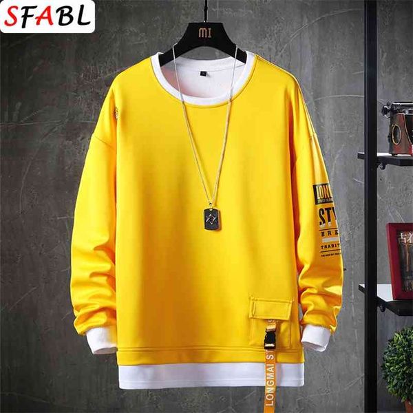 

sfabl casual o-neck solid hoodie sweatshirt mens autumn spring hip hop streetwear male high street pullover hoodie fashion 210715, Black