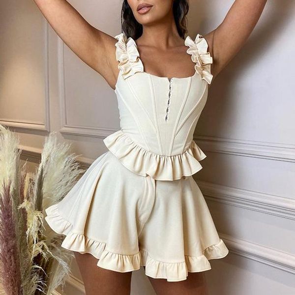 

women's tracksuits zoepo square collar solid suits women fashion sleeveless suit elegant ruffles mini shorts female ladies, Gray