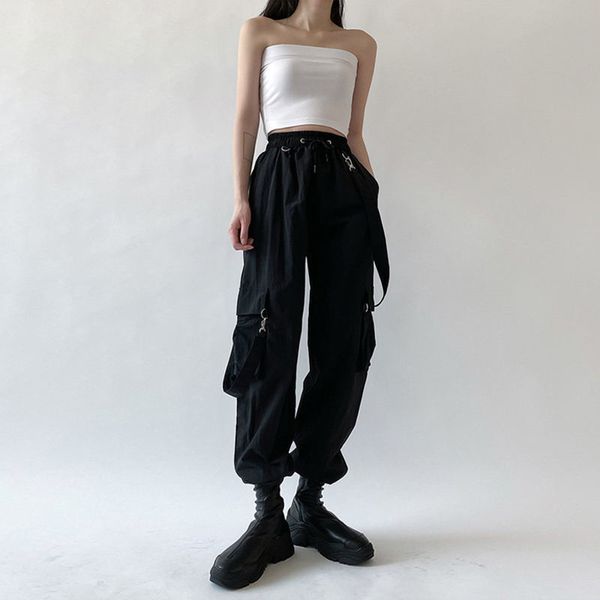 

qweek goth cargo pants women punk plus size capris pants harajuku high waist pants oversize detachable strap casual trousers emo 210319, Black;white