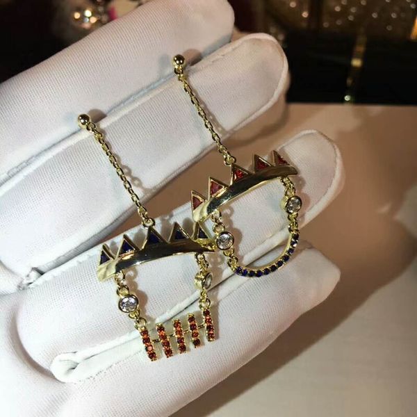 

unsymmetric queen style cool stud earring shinning cubic stone young lady solid 925 silver needle simple style, Golden;silver