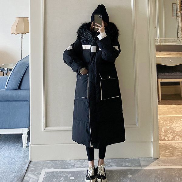 

leather cotton coat with women's hood mid-length korean loose big fur collar down padded thick jacket parka winter coats y140 hnpa, Black
