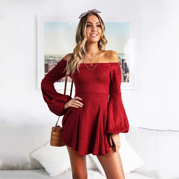 

casual dresses boho women dress 2021 fashion ladies female womens slash neck long sleeve fit and flare clothing, Black;gray