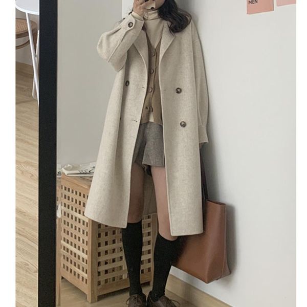 

women's wool & blends overcoat women autumn and winter 2021 woolen coat small woman korean temperament medium long hepburn style, Black