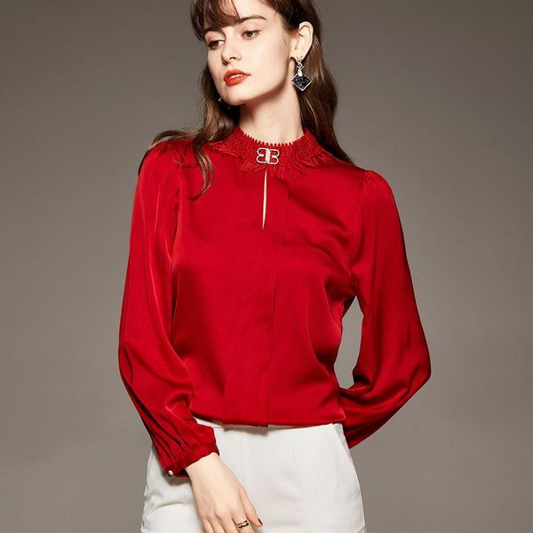 

women's blouses & shirts european and american summer style temperament stand-up collar long-sleeved pure silk shirt women, White