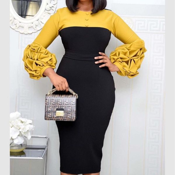 

casual dresses yellow puff sleeve color block women dress autumn summer bodycon elegant office lady midi femme maxi vestiods, Black;gray