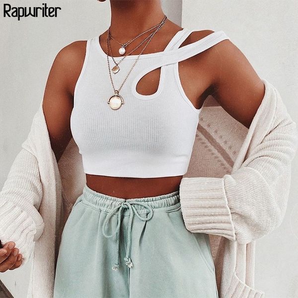 

rapwriter asymmetrisal strap sleeveless summer crop womens cotton tank bandage hollow out streetwear fitness vest white 210319, Black