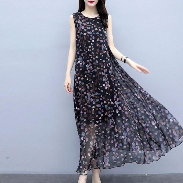 

casual dresses tingyili s-3xl plus size chiffon boho summer dress women printed long maxi korean style elegant lady sleeveless tank, Black;gray