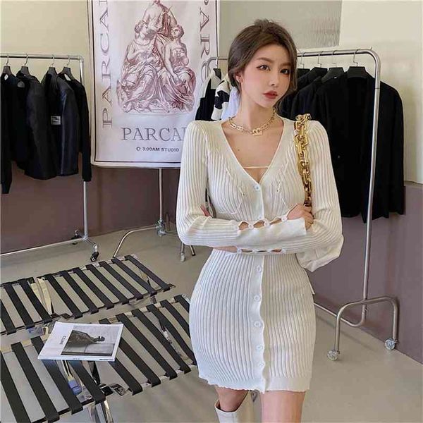 

fashion chic knitted dress v-neck slim mini skirt spring bag hip 210520, Black;gray