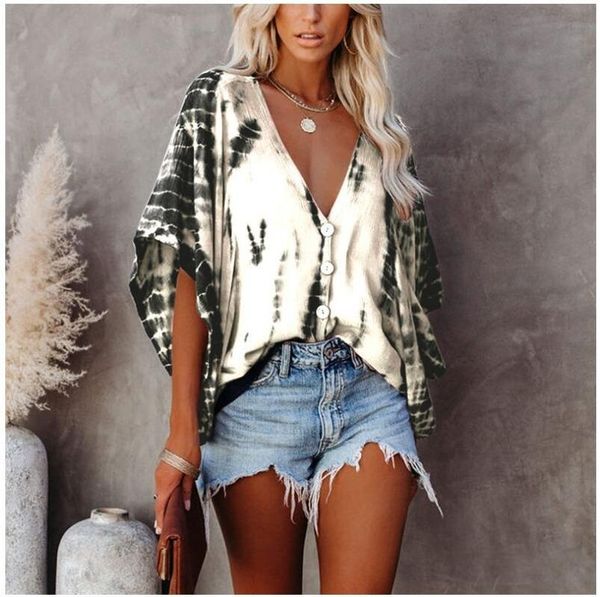 

women's blouses & shirts casual shirt women batwing sleeve blouse fashion dry print v-neck loose basic femme 2021 summer boho leisure, White