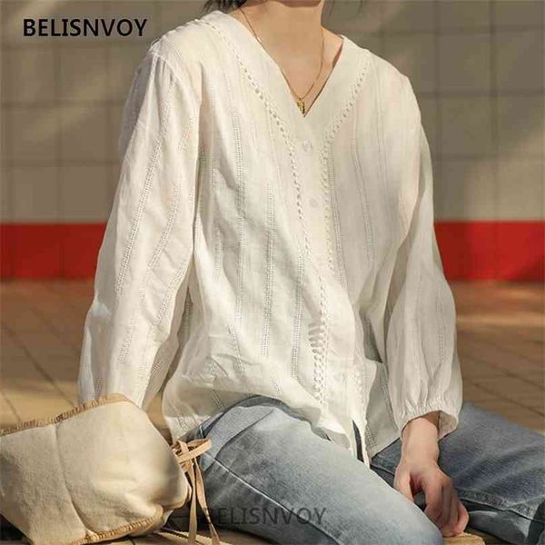 Camicia in pizzo ricamato Primavera Estate Femme Scollo a V Solid Top Donna Cotone Lino Camicetta da ragazza Elegante Scava fuori Blusas 210520