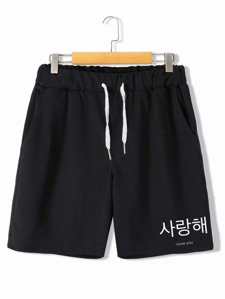 

men korean letter graphic drawstring waist shorts 03gr#, Black