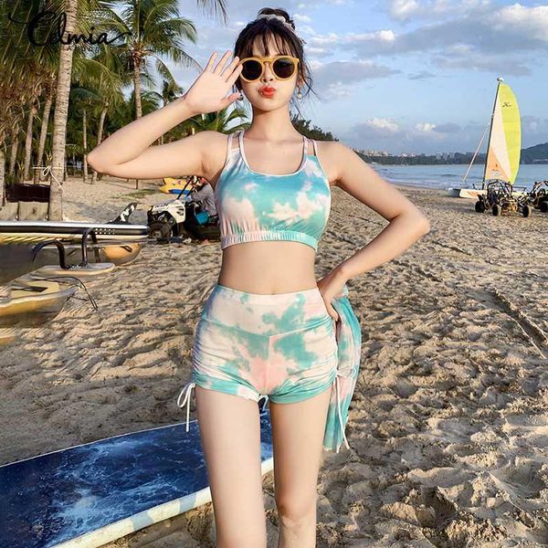 

celmia fashion drawstring 3pcs swimsuits women's 2021 summer tie-dye beach cover-ups korean style conservative swimwear, White;black