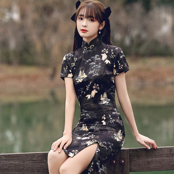 

ethnic clothing chinese vintage short sleeve black print qipao women high split cheongsam elegant traditional fashion modern costume vestiod, Red