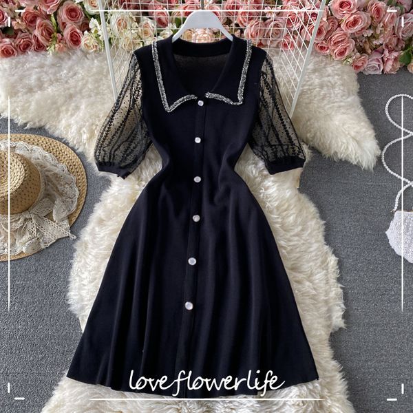 

loveflowerlife spring summer vintage solid single breasted dress aline peter pan collar chiffon women dresses 210521, Black;gray