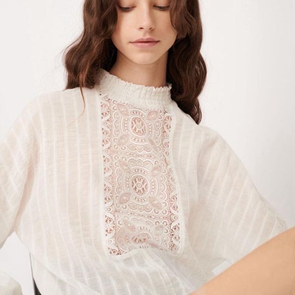 

maisie women shirts long lantern sleeve srping autumn o-neck hollow out solid striped elegant high street women's t-shirt, White