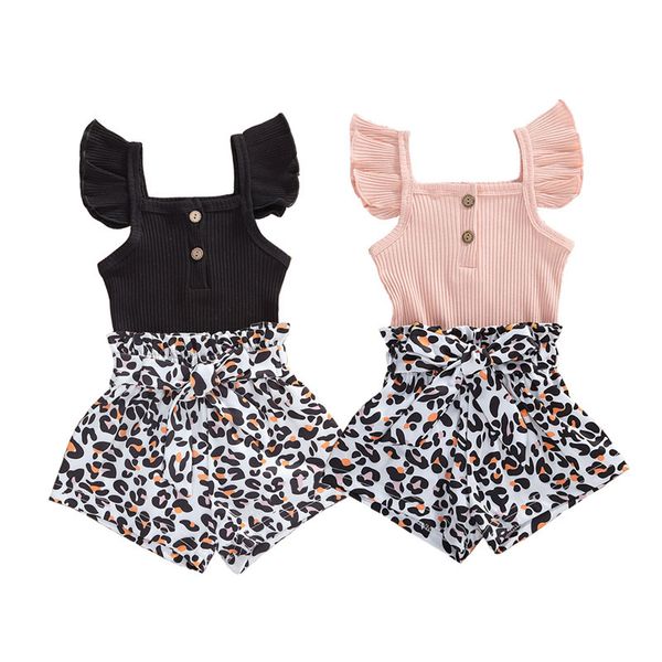 

0-24m summer lovely baby girls clothes sets 2pcs ruffles flying sleeve solid romper leopard shorts, White