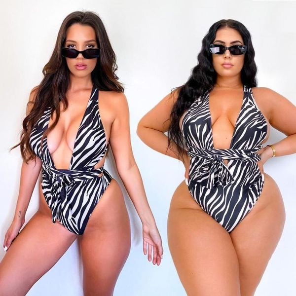 

one-piece suits snake print swimsuit women plus size striped bandage deep v swimwear push up bathing suit beach monokini one piece