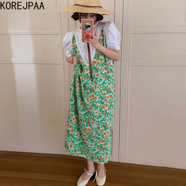 

korejpaa women dress summer western style reduced age thin deep v-neck lace trim stitching floral loose sling vestidos 210526, Black;gray