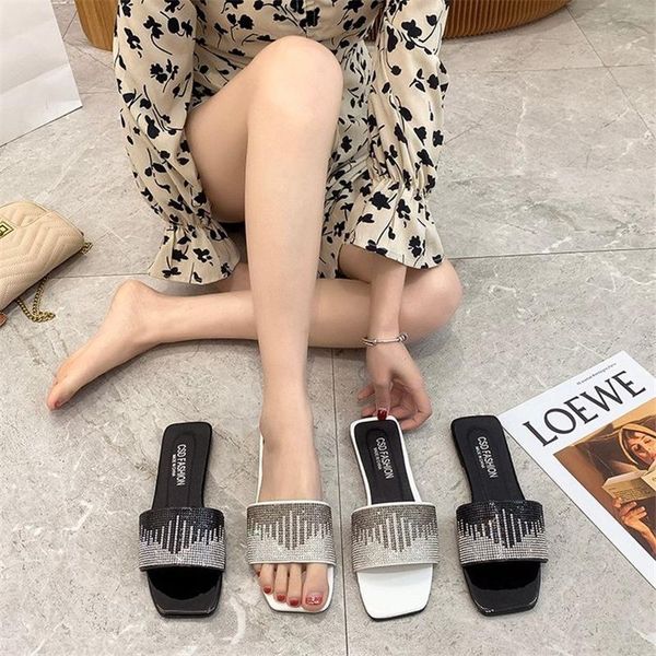 

slippers 2021 summer style low-heeled rhinestone outer wear fashionable ladies, Black