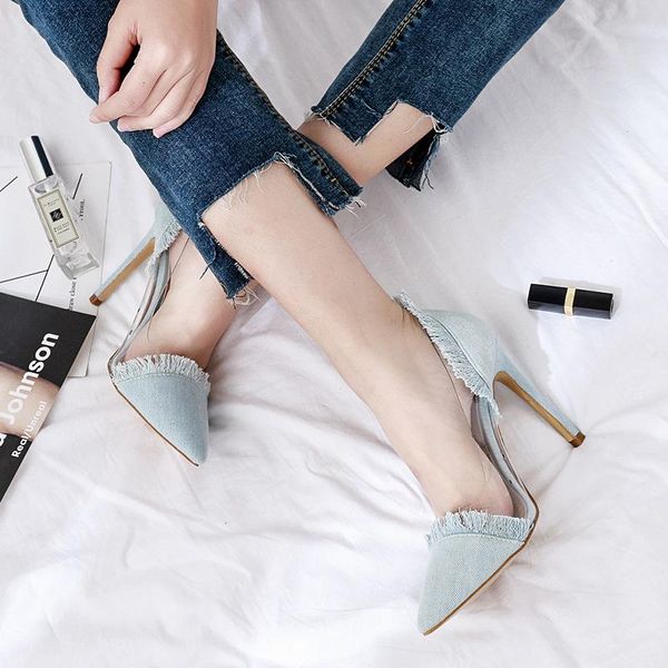 

women pumps high heels pointed toe slip-on wedding party shoes for lady fashion jeans fabric on dress summer, Black