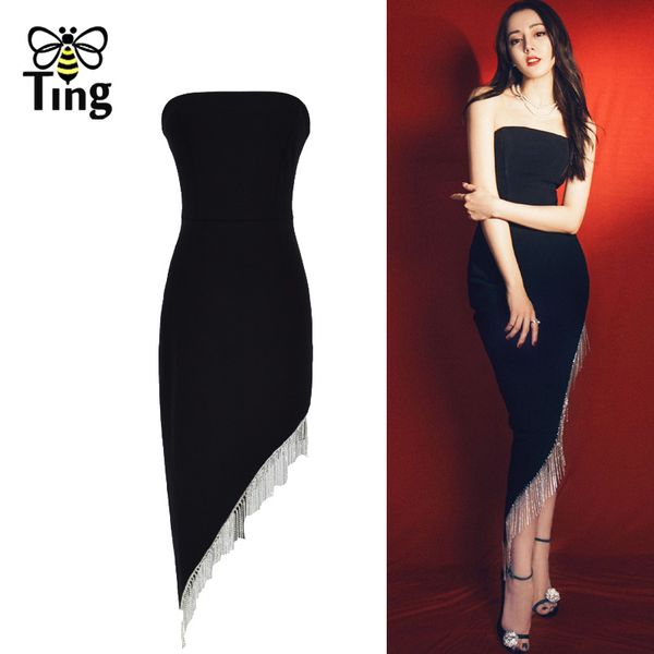 

crystal tassel black glitter dress women strapless party club dresses slanted celebrity summer seksi elbise zevity 210513, Black;gray