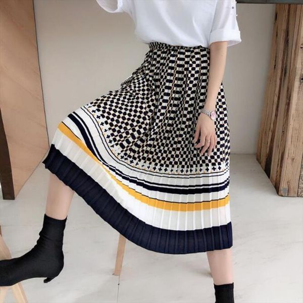 

[ewq] summer spring striped women skirts pleated high waist fashion vestidos saia plaid bottom clothing, Black