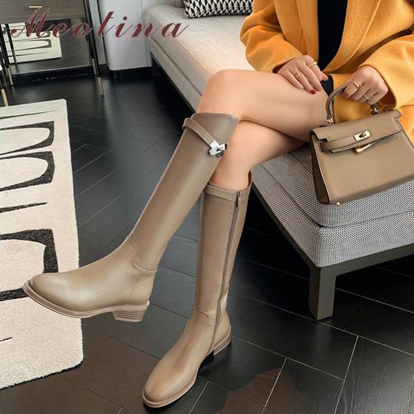 

boots meotina genuine leather western thick med heel platform ladies round toe knee high autumn winter brown gray 42, Black