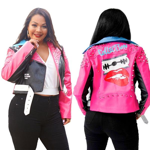 

women's jackets cool leather clothes european and american cross-border rivet printing lapel contrast color zipper pu fashion coat, Black;brown