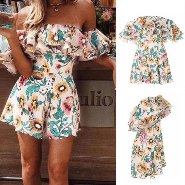 

boho floral print ruffles women jumpsuits playsuits elegant autumn white off shoulder beach girl short overalls, Black;white