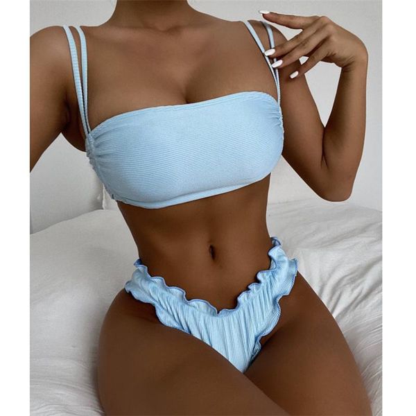 

women's swimwear bandeau women push up ruffle bikini 2021 solid brazilian swimsuit female 2 piece swimming suit biuqini set, White;black