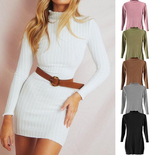 

casual dresses olomlb autumn winter fashion knitting long sleeve half high coll ar women's mini dress bodycon package hip ladies, Black;gray